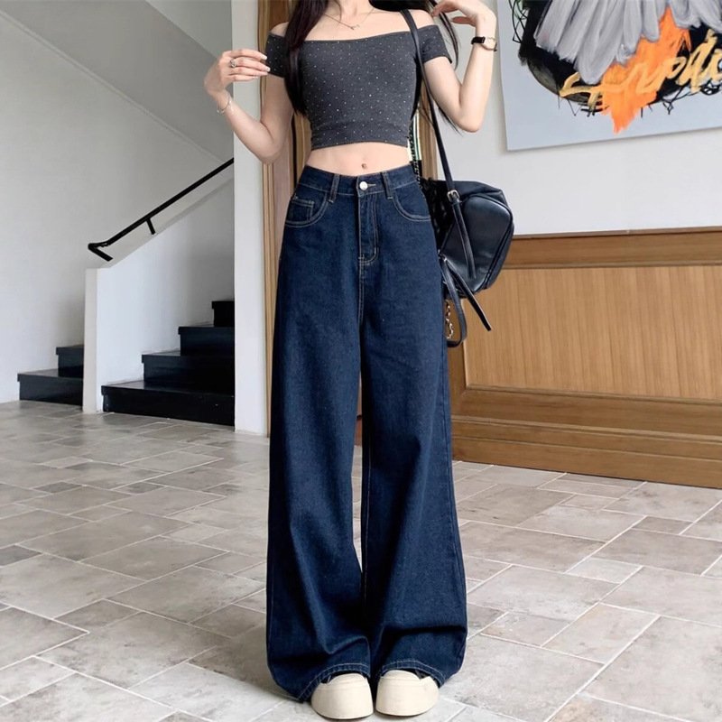 Korean Style Fashion Straight-Leg Jeans Autumn New High-Waisted Loose Plus-Size Slimming Youthful Stylish Hip-Covering Wide-Leg Pants