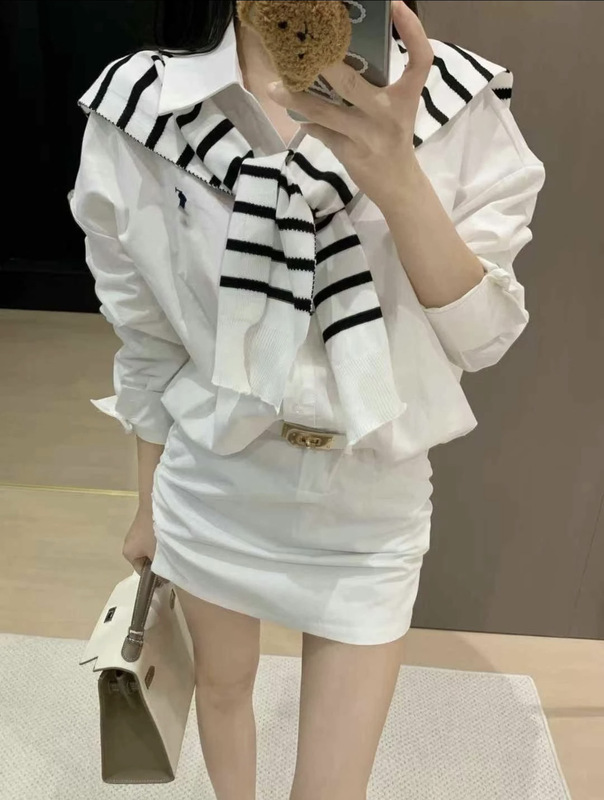 RL小马套装女妹条纹披肩衬衫褶皱连衣裙(配披肩腰带)三件套高级|undefined