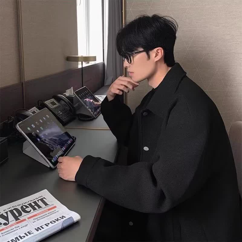 2025 Autumn and Winter New Lapel Woolen Jacket Men's Short Thickened Trendy Korean Style Trendy Handsome Woolen Jacket