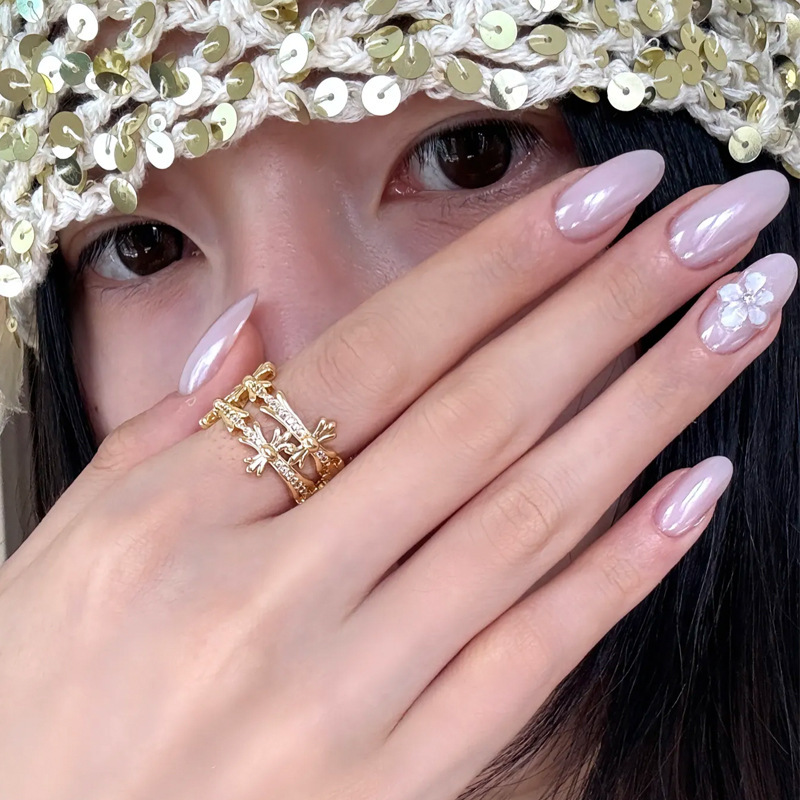 Carved handmade press-on nails, light pink aurora manicure