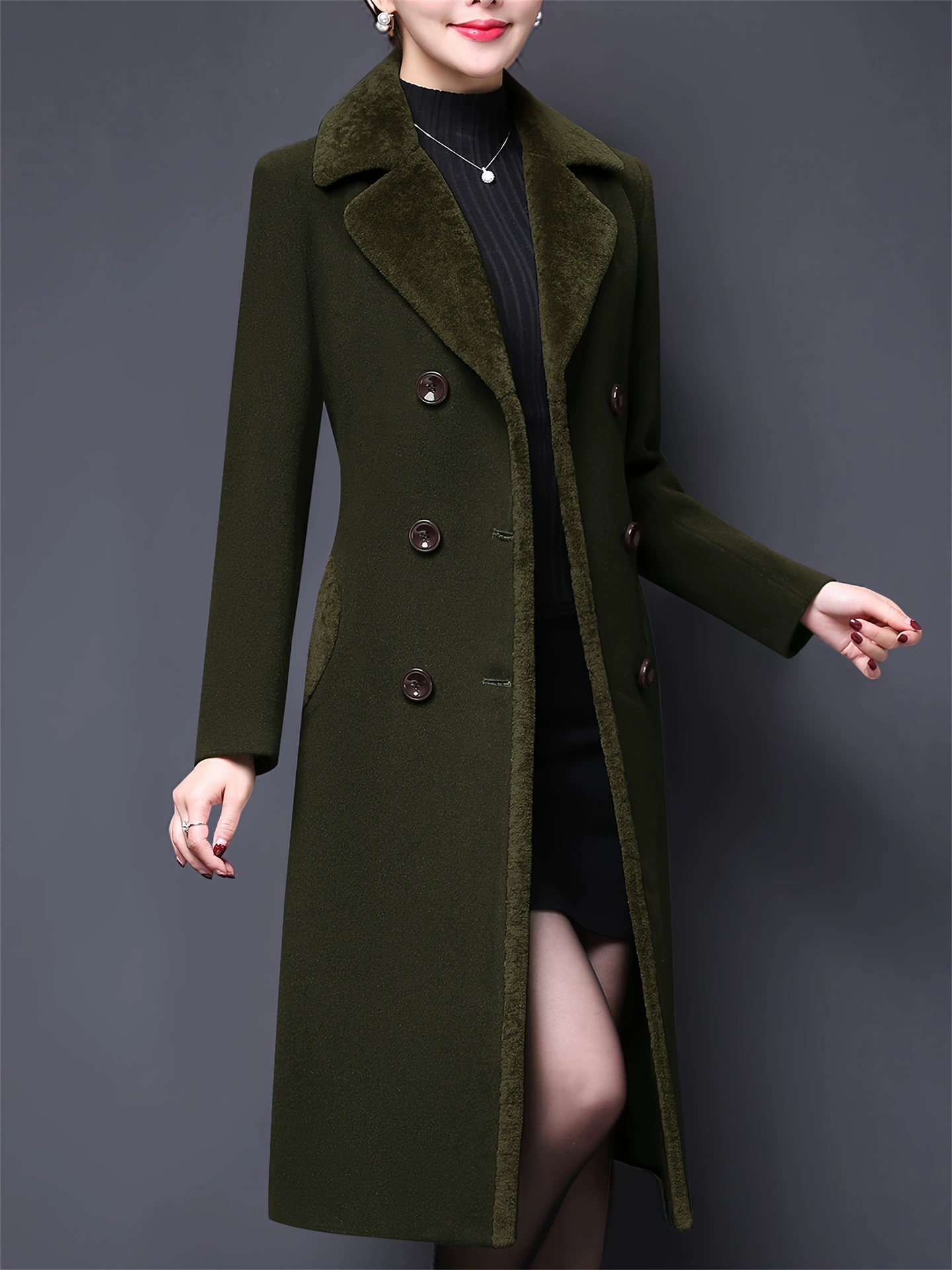 Women's Double breasted Notched Lapel Midi Pea Coat Jackets