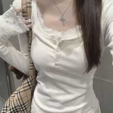 大码胖MM显瘦bm风蕾丝假两件U领长袖秋冬修身拼接碎花打底短上衣