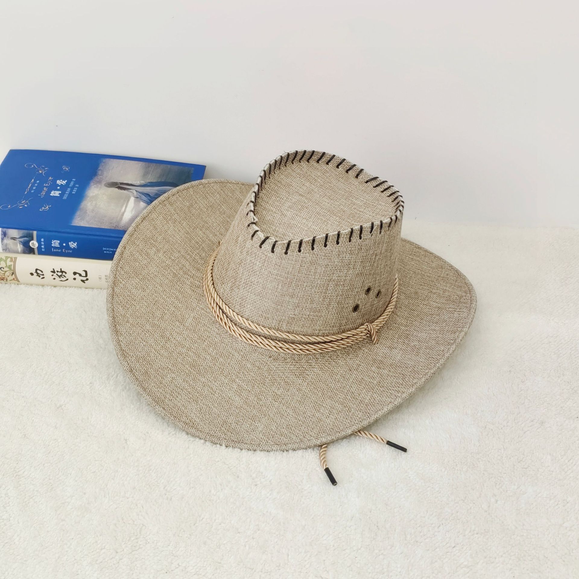 Sombrero Vaquero de Lino Unisex de Poliéster y Lino con Protección Solar para Pesca y Turismo