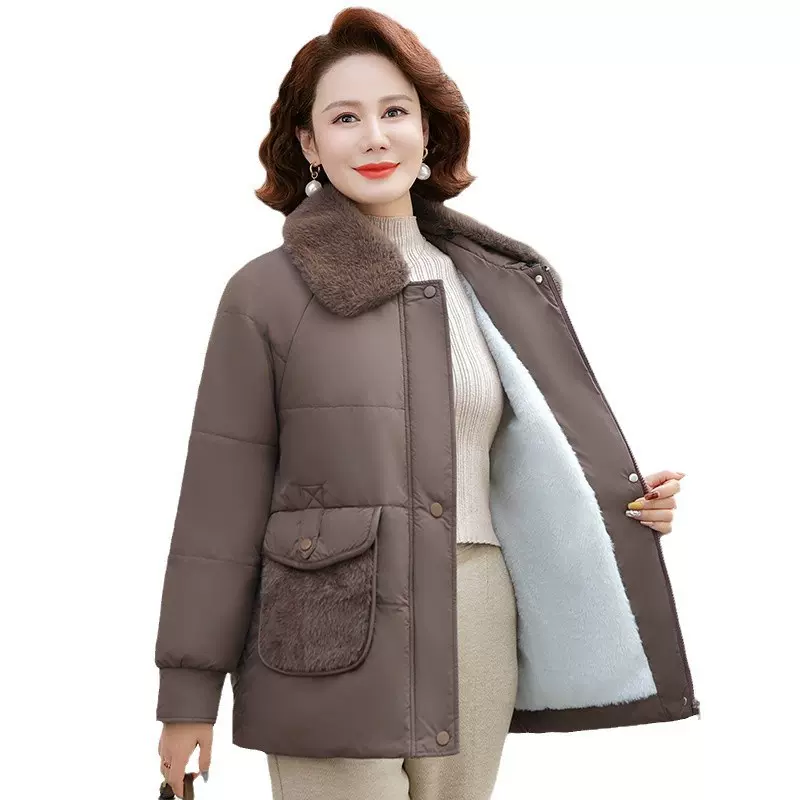 妈妈冬装2024新款羽绒棉服女中长款加厚棉衣中老年秋冬季加绒外套