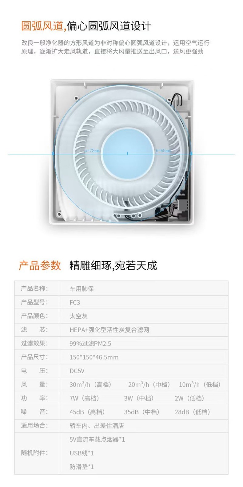 Yuanda Car Purifier FC3 Car Air Purifier Oxygen Bar for Lung Protection, Removes Smoke, Odors, and Formaldehyde, HEPA
