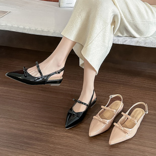 2025 Spring New Women's Shoes Pink Bow Pointed Heel Mule Shoes Shallow V-Mouth Sandals for Women