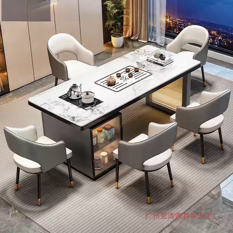 Red de Internet mesa de té de losa de roca de lujo ligero de estilo italiano, un conjunto completo de mesas y sillas de té de kung fu de oficina, mesa de té rectangular