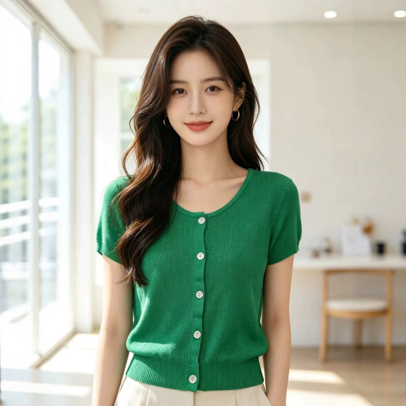 3068 Forest Green Knitted Cardigan, Round Neck Ice Silk Outerwear, Summer Thin Slim Fit Short Style