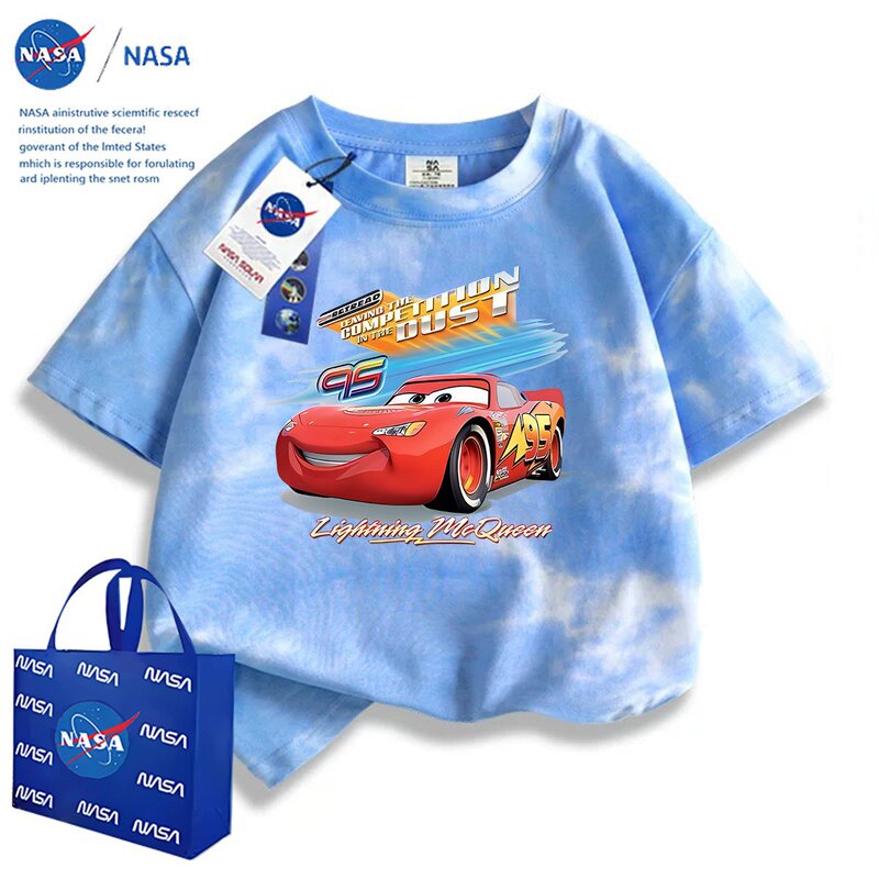 Nasa Boys Tie-Dye T-Shirt Short-Sleeved Summer New Lightning Mcqueen Medium and Large Children's Tops Summer Boys Fashion