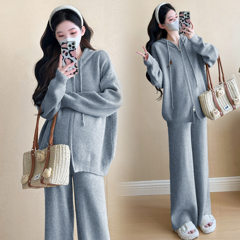 임산부복 가을 겨울 정장 2024 유행 아우터웨어 느슨한 트렌디 엄마 아우터웨어 니트 임산부 투피스 정장 배 가리기 여성