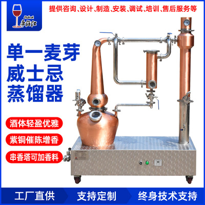 [威士忌紫铜壶式蒸馏器带串香小型酒庄蒸酒机酿酒设备提纯厂家外贸]
