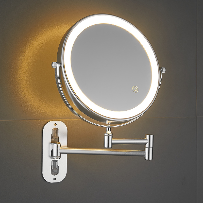 Led Punch-Free Bathroom Makeup Mirror Wall-Mounted Foldableing Lighted Rechargeable Mirror Hotel Bathroom Telescopic Double-Sided Mirror
