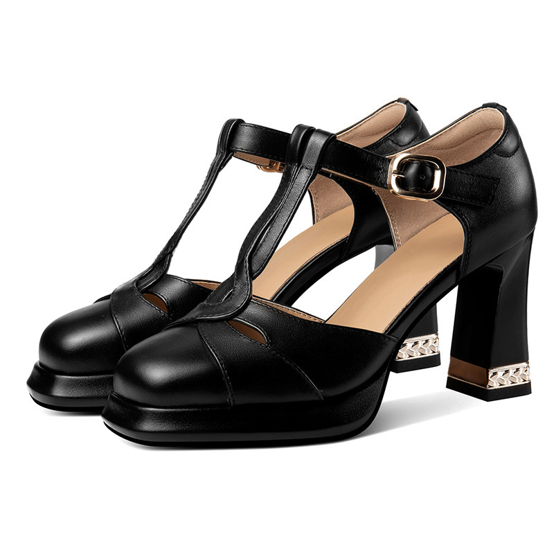 Giày sandal cao gót nữ bít mũi khóa chữ T phong cách retro, gót 8 cm — Màu đen