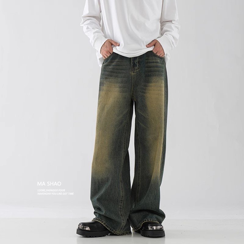 Light Blue Washed Cleanfit Straight Leg Jeans Midweight Casual Trousers Trendy Brand Spring 2025 American Style Wide Leg mid Waist_mkmklike.com