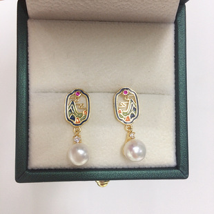New Chinese natural freshwater pearl earrings female national wind landscape painting pearl earrings S925 sterling silver earrings wholesale