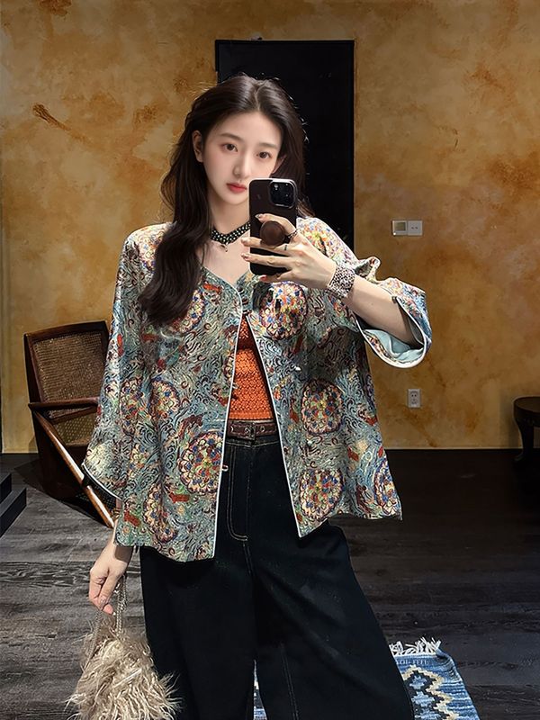 秋季新款国风新中式女装人丝上衣高端斜襟金丝印花刺绣外套 N8042|undefined