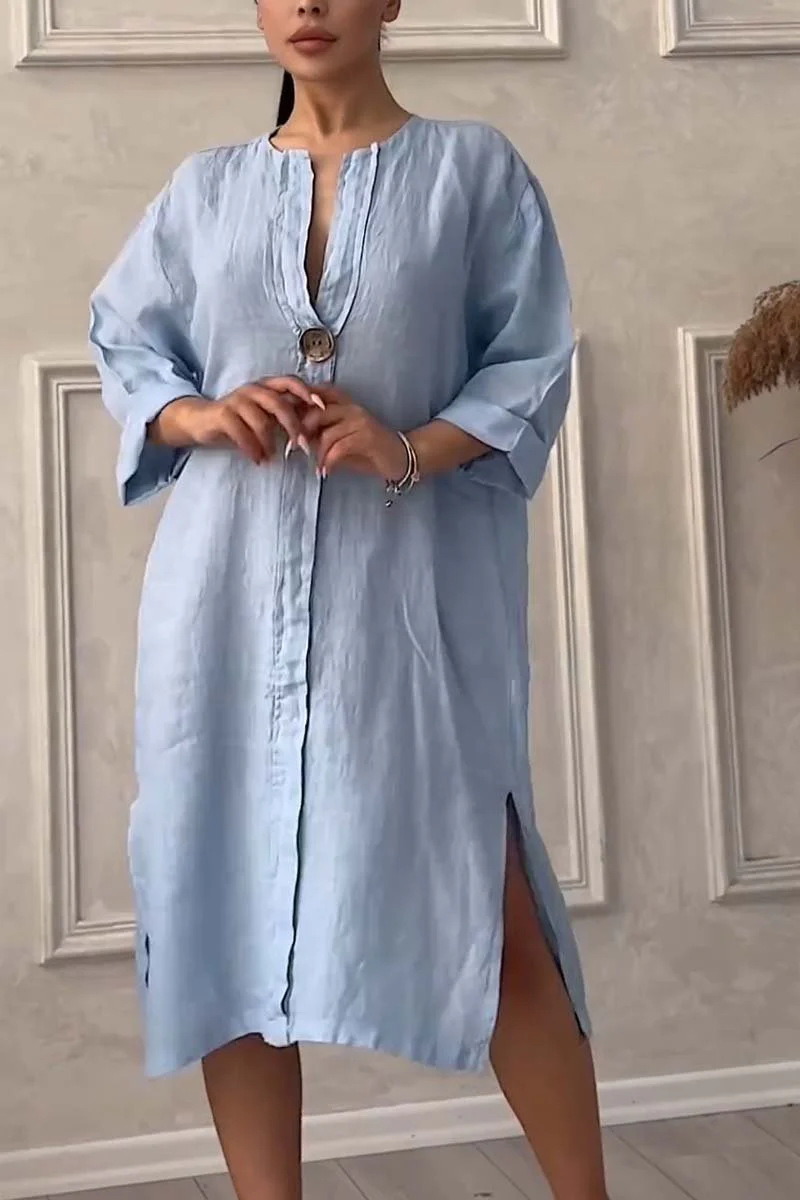 Cotton and Linen Fabric Type Wholesale Women's Casual Button Solid Color Holiday Round Neck 3/4 Length Sleeve Shirt Dress