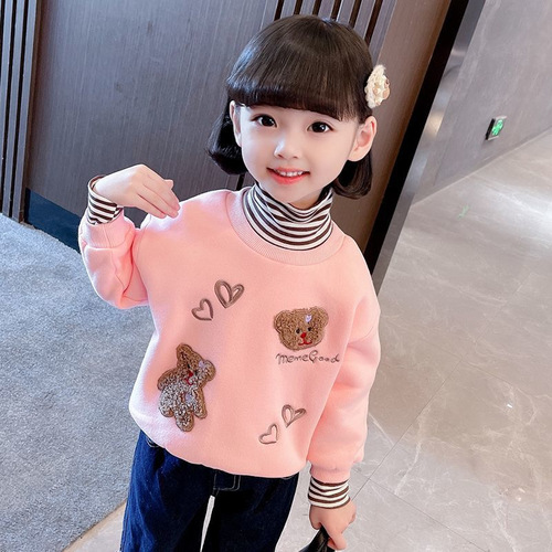 1308# Huamian Composite Silver Fox Fleece Girls' Padded Sweatshirt Autumn/Winter  New Style Trendy Children's Clothing Thickened