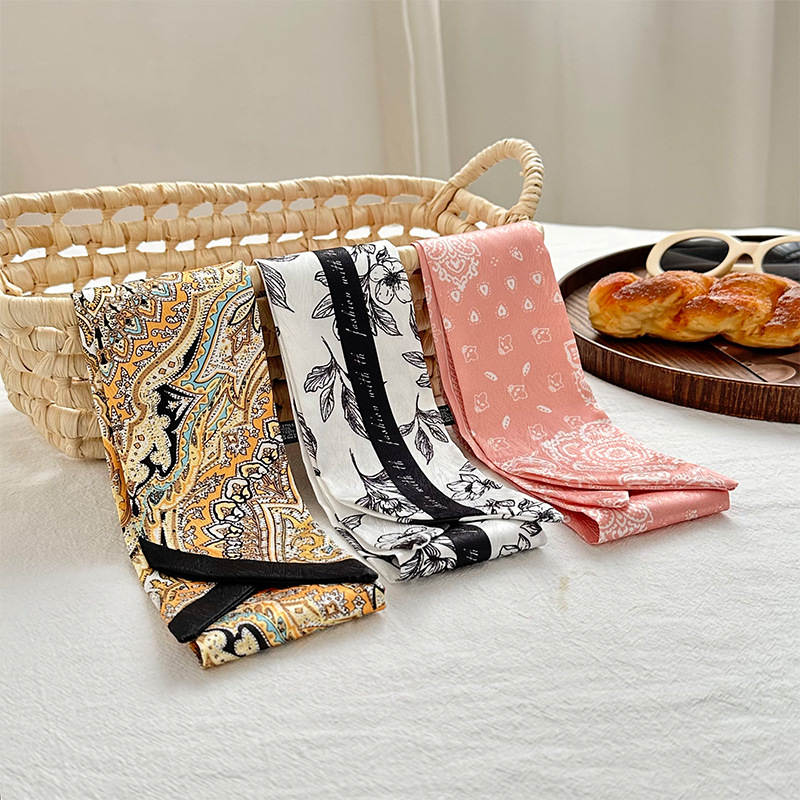 Pañuelo de seda, banda larga, sensación de alta calidad, bufanda pequeña decorativa, bolsa de toalla de seda, envuelta, pañuelo floral, cinta para el cabello, serpentín para el cabello