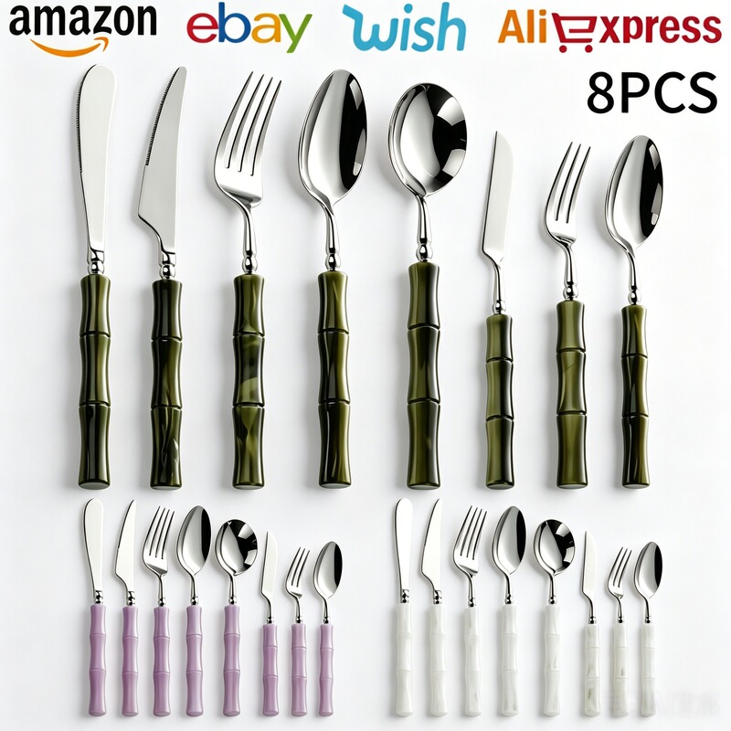 304 Stainless Steel Bamboo Handle Knife, Fork, and Spoon Set, High-Quality Household Western Tableware Set with Green Acrylic Handle 304 Stainless Steel Bamboo Handle Knife, Fork, and Spoon Set, High-Quality Household Western Tableware Set with Green Acrylic Handle