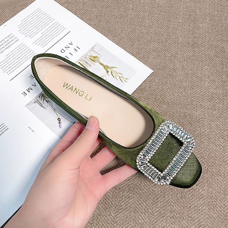 Rhinestone Square Buckle Thick Heel Flats 2025 New Autumn Style Medium Heel Square Toe Scoop Shoes Silks and Satins Flats High Heel Wedding Shoes Boat Shoes for Women