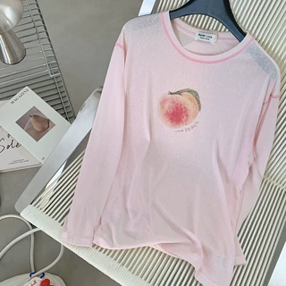 韩代款东大门清新水果水蜜桃长袖T恤女夏季新款宽松空调防晒罩衫