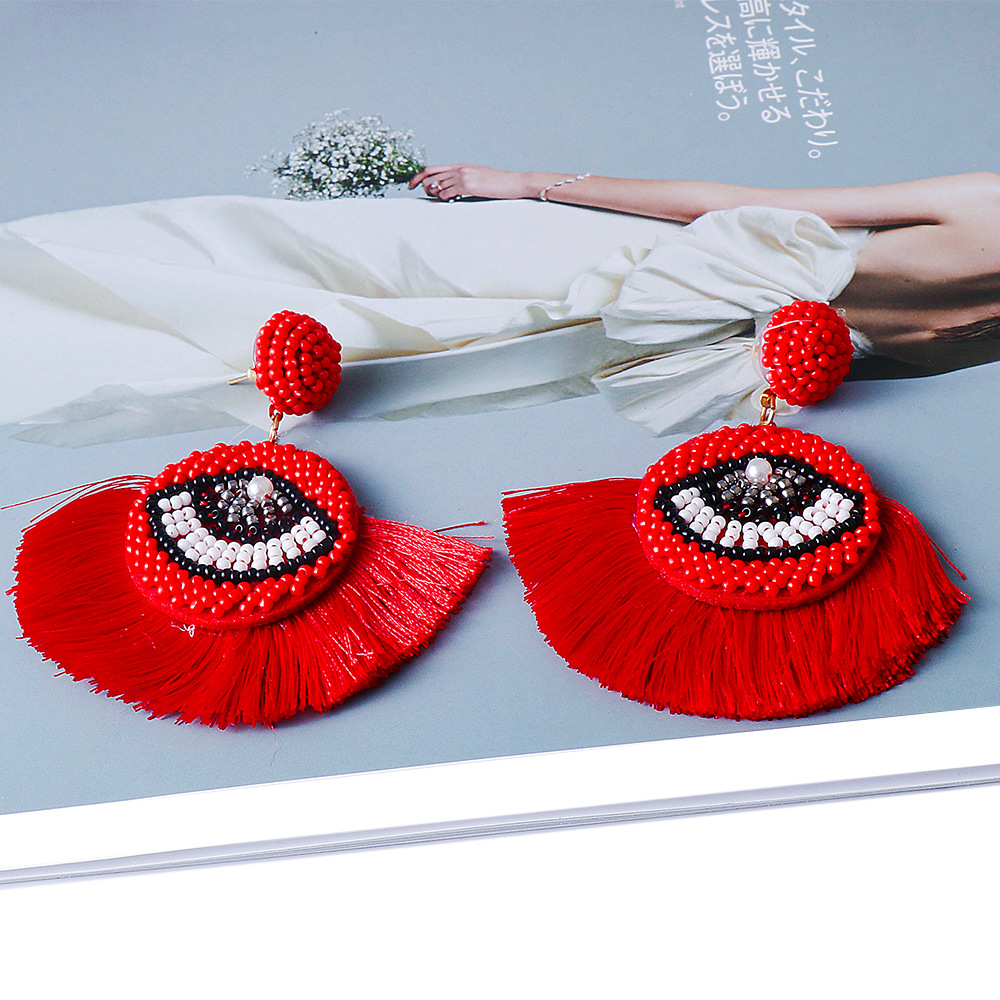 Fashion Red Rice Bead Braided Pull Wire Tassel Earrings