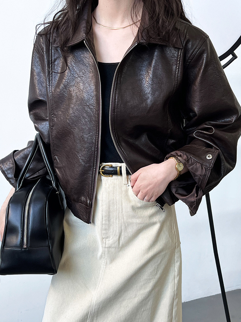 ジャケット・アウター studiolab404.com Leather Short Jacket Retro Brown Leather Jacket Womens Autumn Zipper PU Lapel