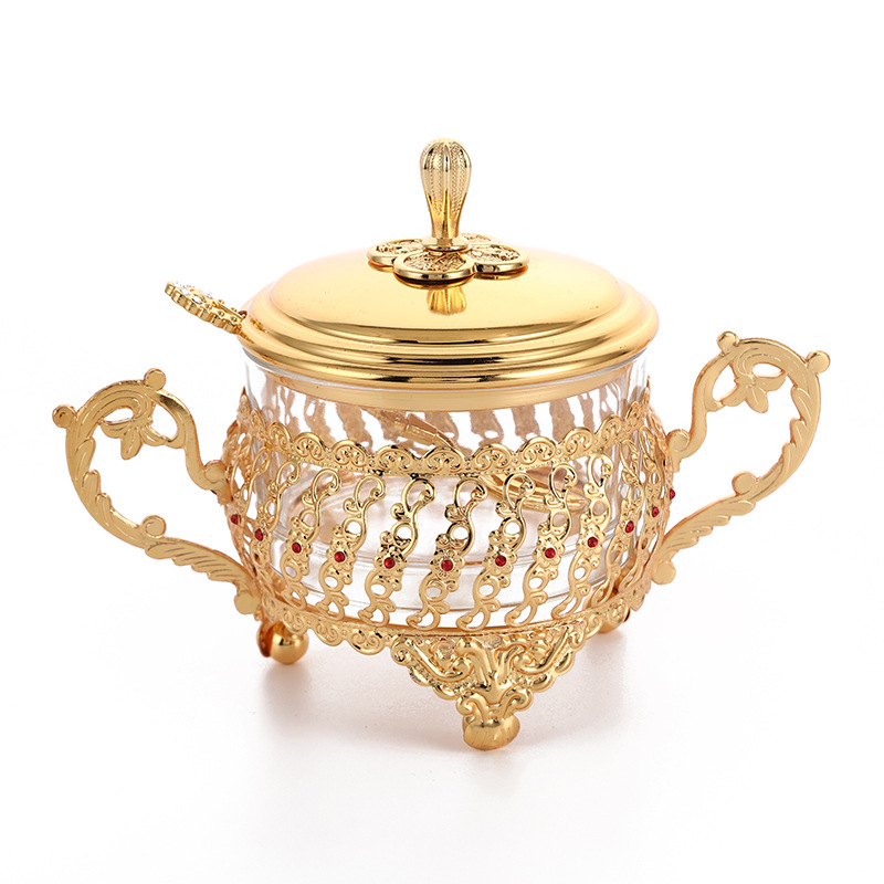 欧式厨房用品玻璃调味瓶 创意镂空金属调料收纳盒 单个装糖盅