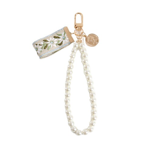 New retro long pearl bracelet keychain creative shell wide-brimmed webbing airpods bag accessories hanging