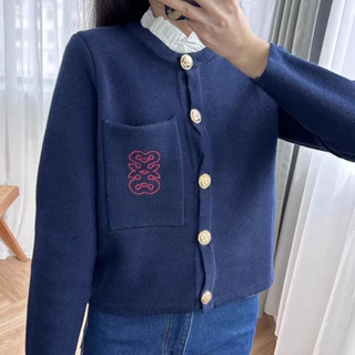 法单S家2024法式优雅荷叶边可拆卸领刺绣针织衫开衫短外套女短款