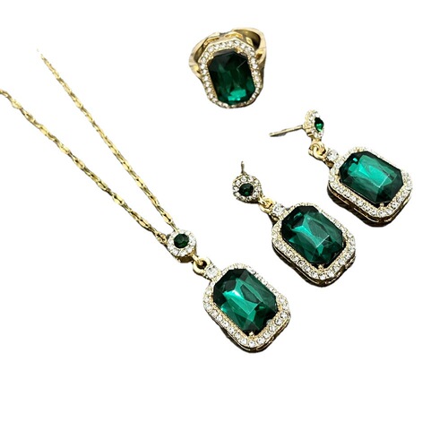Wedding jewelry Exquisite crystal glass square necklace earrings ring Emerald three-piece set of new bridesmaid jewelry