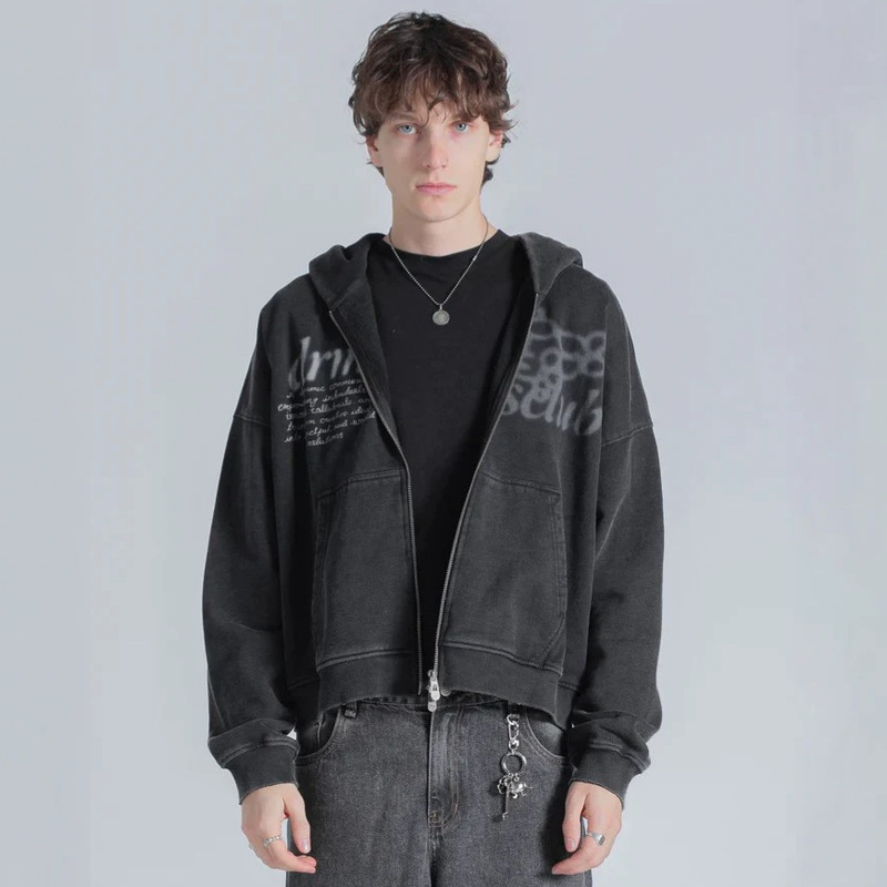 American high street style charcoal gray gradient letter print zip-up hooded cardigan, casual loose fit, drop shoulder, unisex jacket for women