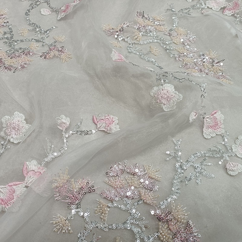 New Chinese-Style National Style Dress, Heavy-Duty Apricot Pink Plum Blossom Embroidery Fabric, Wedding Dress Evening Gown Sequin Embroidered Fabric New Chinese-Style National Style Dress, Heavy-Duty Apricot Pink Plum Blossom Embroidery Fabric, Wedding Dress Evening Gown Sequin Embroidered Fabric