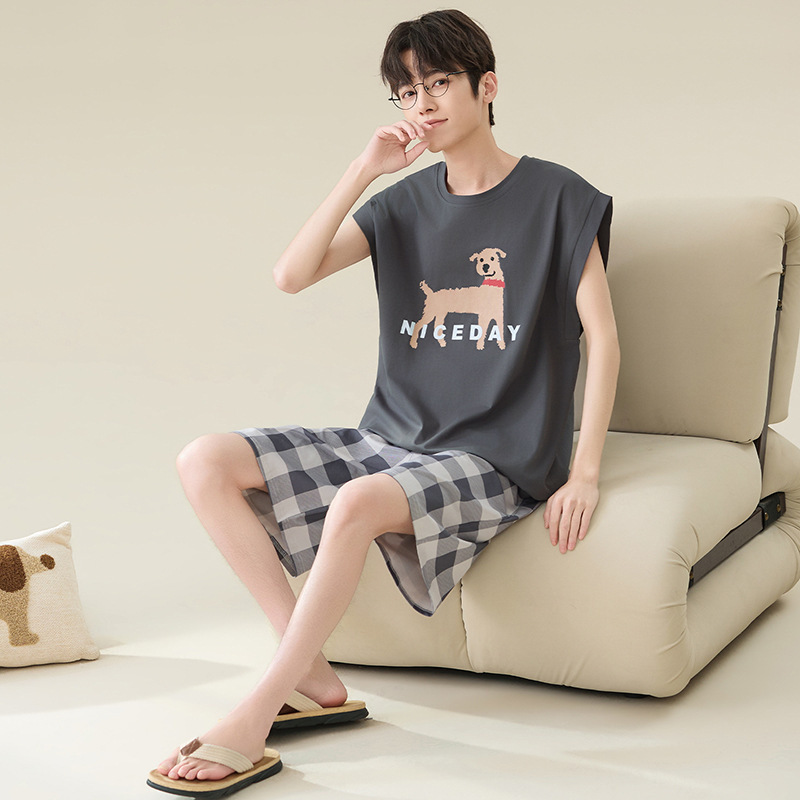Men's Pajamas, Men's Summer Pure Cotton Sleeveless Vest Shorts, Thin Cool Cotton Cartoon Puppy Home Wear Set Men's Pajamas, Men's Summer Pure Cotton Sleeveless Vest Shorts, Thin Cool Cotton Cartoon Puppy Home Wear Set
