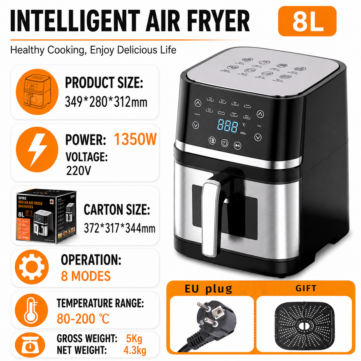 Friteuse à air à écran tactile 8L avec fenêtre de visualisation - Norme européenne