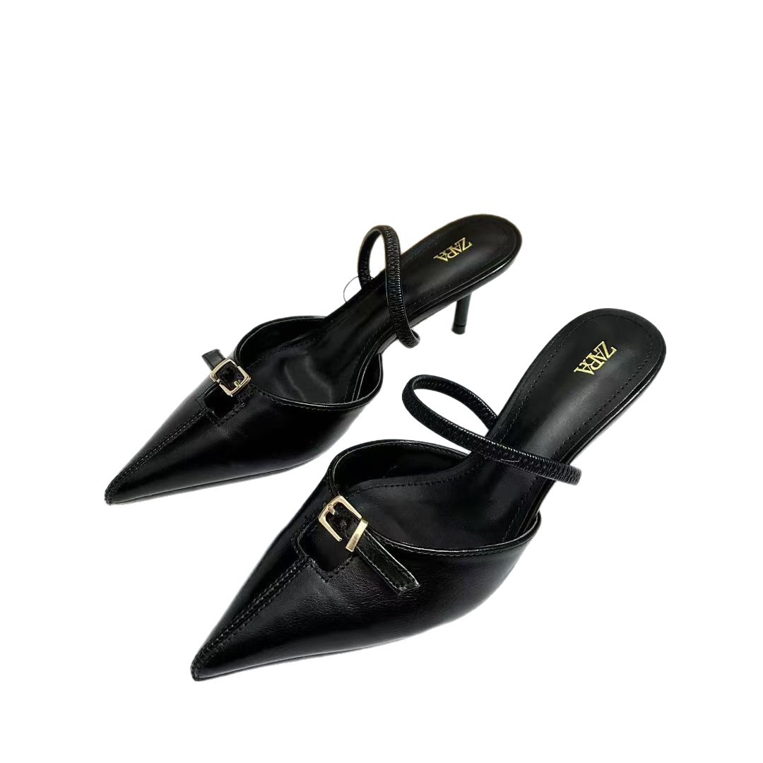 2026 Spring/Summer New Style Pointed Strap Metal Buckle Shallow Mouth High Heels Thin Heels European and American Baotou Back Empty Sandals for Women