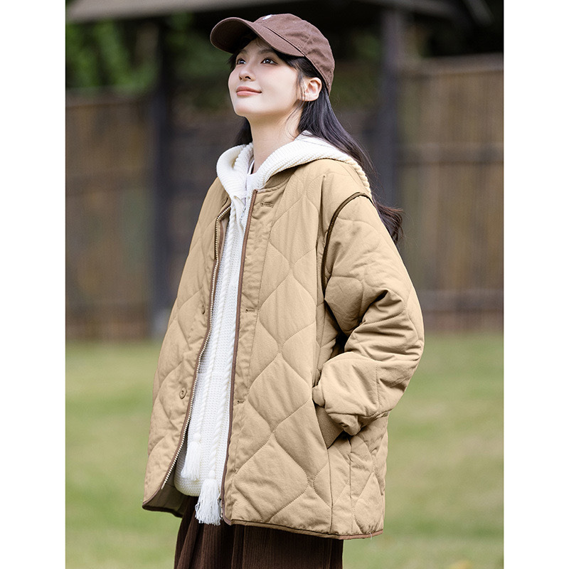 황야 공간 GRASS SPACE 일본식 레트로 다이아몬드 플레이드 코튼 패딩 코트 여자 겨울 경량 야구 면 패딩 코트