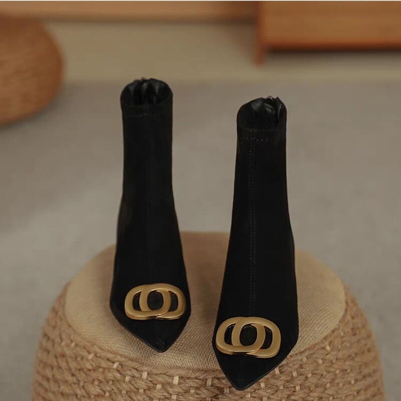 2025 New Women's Popular Winter Slip-On Slim Leg Sock Boots with Rhinestone Square Buckle Pointed Toe Mid-Heel Ankle Boots