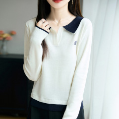 25年早秋新款POLO领拼色刺绣休闲针织衫女毛衣打底衫上衣