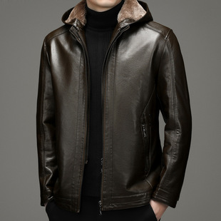 2025 New Winter Men's Pu Leather Jacket, Middle-Aged Men's Fur-Lined Hooded Faux Leather Fleece-Lined Coat, Men's Leather Jacket