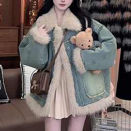 复古毛毛拼接毛领加厚秋冬牛仔外套气质冬季新款宽松长袖棉服上衣