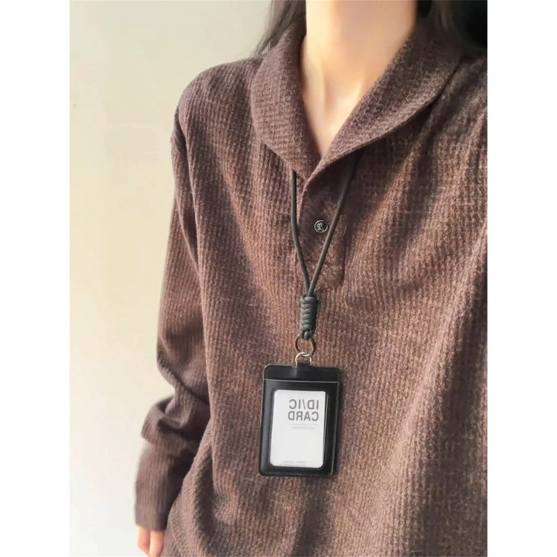 Old Money Style Brown Polo Shirt Long-Sleeved T-Shirt Women's Autum Roman Plaid Knitted Sweatshirt Right Shoulder Inner Layering Shirt