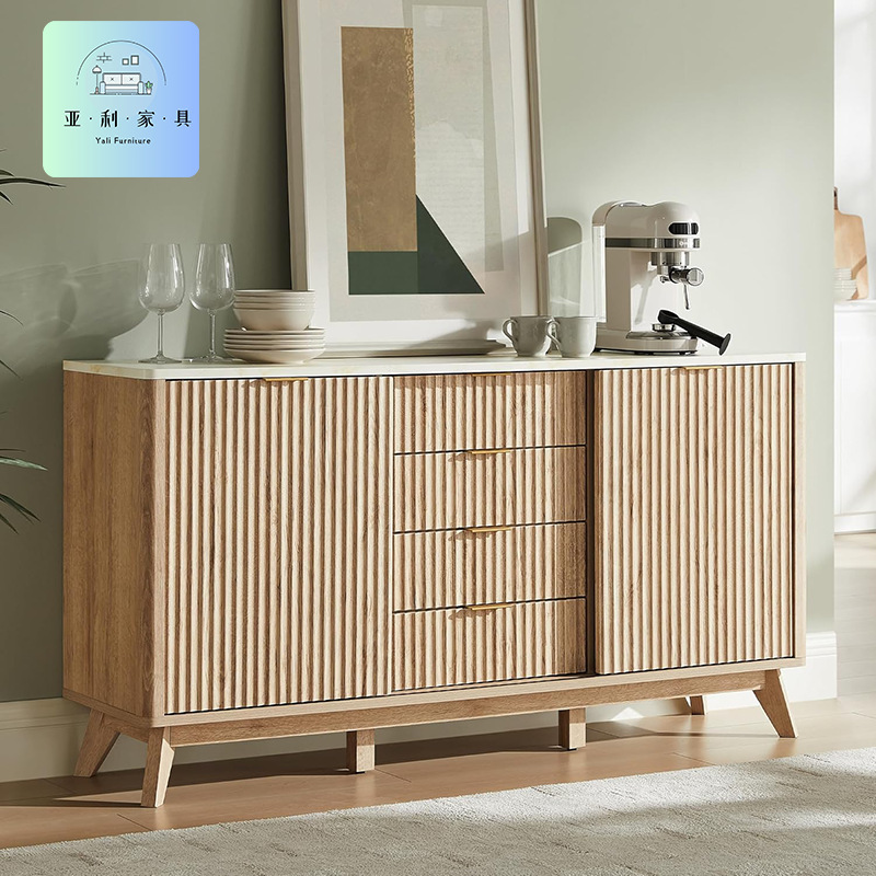 Large Buffet Side Cabinet with Storage Function with 3 Drawers Groove Modern Buffet Table Coffee Bar Wine Cabinet