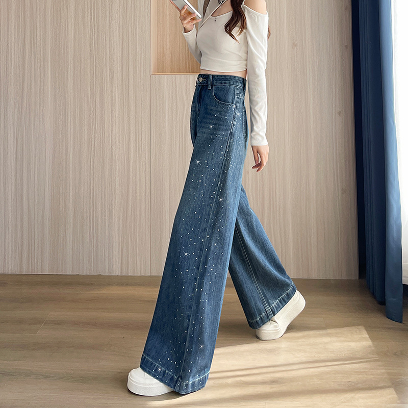New Style High-Waisted Floor-Length Jeans with Rhinestones, Slimming Loose Wide-Leg Pants, Straight-Leg Trousers New Style High-Waisted Floor-Length Jeans with Rhinestones, Slimming Loose Wide-Leg Pants, Straight-Leg Trousers