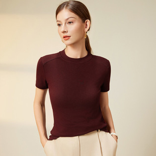 25 Spring and Summer New Tencel Acetate/Wool Women's T-shirt Small Collar Slim Elegant Top Women's Solid Color Crosswool Short Sleeve