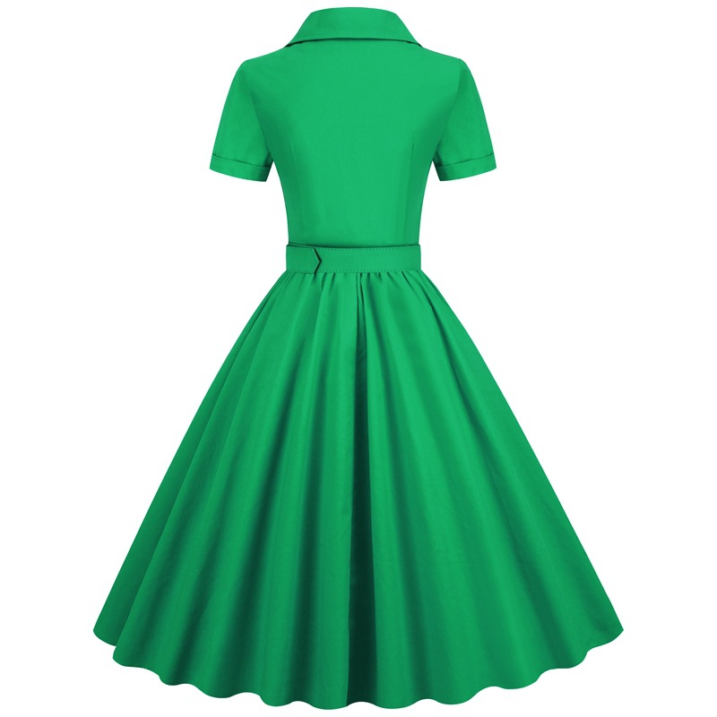 European And American Cross-border Women's Dress, Short-sleeved, 2025 New Summer Vintage Solid Color Large Hem_ecoleips.com