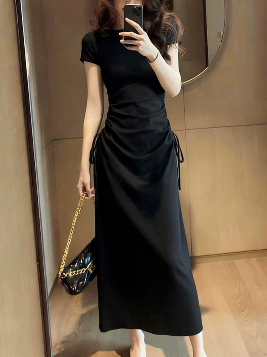 Đầm maxi trẻ em tay ngắn phong cách Pháp Vintage, thiết kế thắt lưng xếp li hông — màu đen, màu xám chi tiết 6