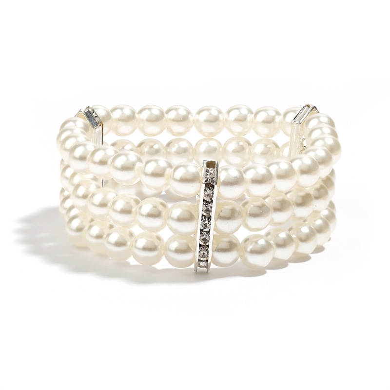 Three-Layer White Pearl Bracelet Party Prom Gift Rhinestone Inlaid Spacer Bracelet Elastic Cord Pearl Bracelet