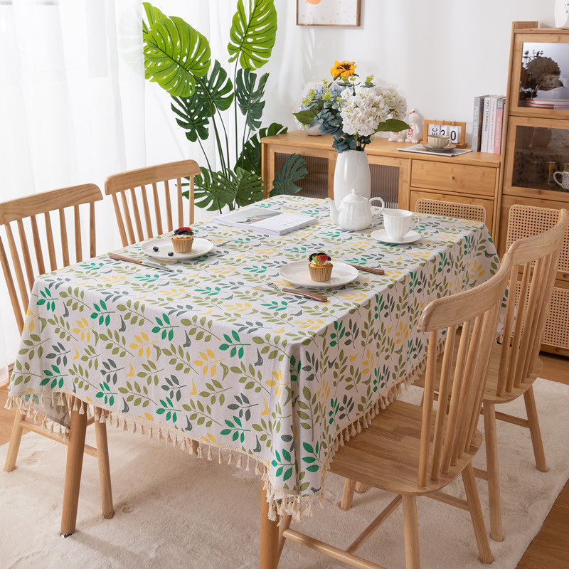 Tovaglia transfrontaliera in poliestere-cotone con nappe e stampa a foglie, tovaglia rettangolare da pranzo, tavolino da caffè_voghion.com